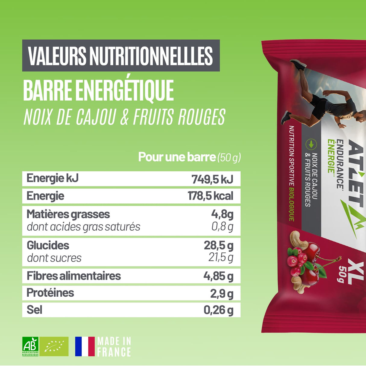 Valeurs nutritionnelles barres noix de cajou & fruits rouges
