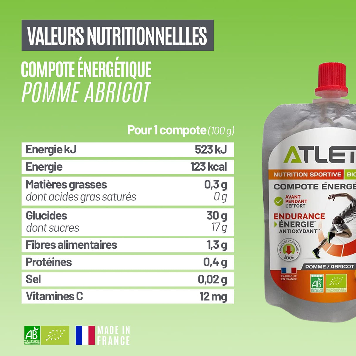 Valeurs nutritionnelles compote énergétique pomme abricot Atlet