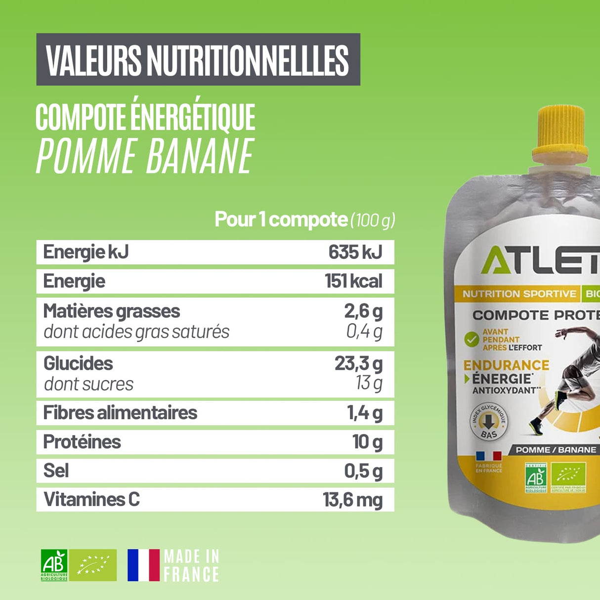 Valeurs nutritionnelles compote énergétique pomme banane