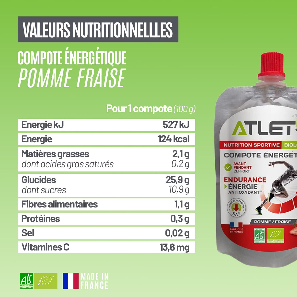 Compote énergétique pomme fraise Atlet valeurs nutritionnelles