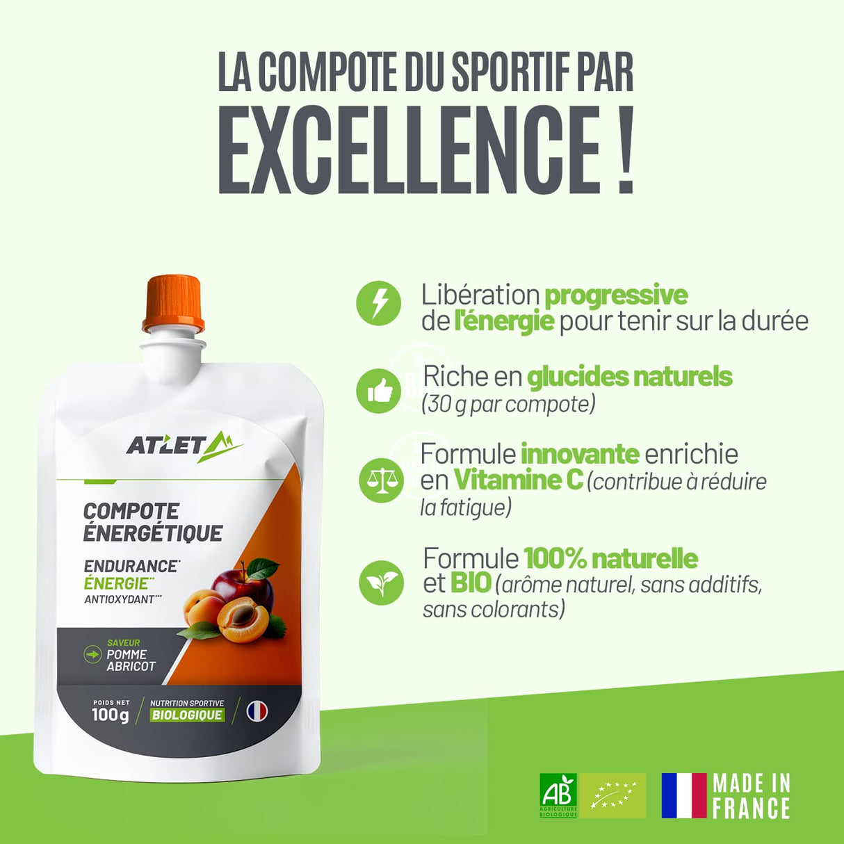 Caractéristiques de la compote énergétique pomme abricot ATLET 